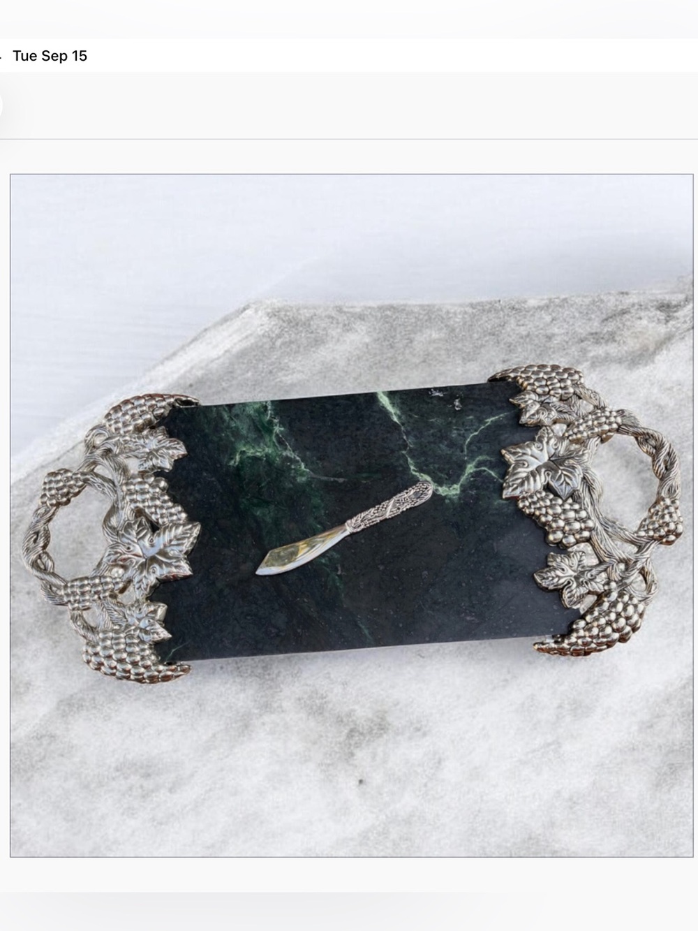 GODINGER Silver plated grape design green marble tray with server in a box